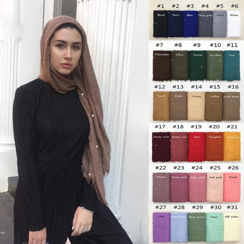 

JTVOVO 2022 Новый 180x95 см мусульманский женский бисерный однотонный плиссированный хлопковый хиджаб Дубай Арабский Мусульманский Стиль тюрбан хиджабы
