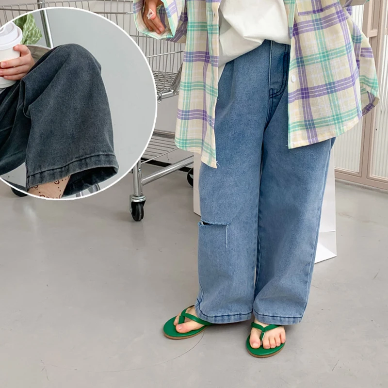 

MILA CHOU 2022 Spring Children's Casual Loose Hole Jeans Baby Boy Girl All-match Denim Pants Kids Trousers 2-8Y