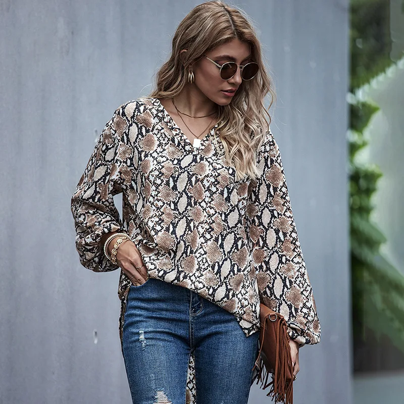 Осенние блузки женские повседневные свободные леопардовый принт с длинным рукавом и треугольным вырезом, Детские винтажные Блузки модные рубашки размера плюс