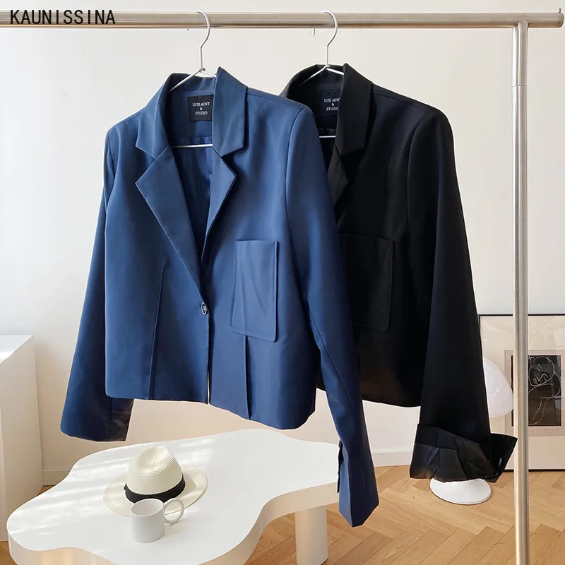 

High Street Fashion Blazer Women Office Single Button Blazer Long Sleeve Short Women Blazers Spring Autumn Coats Black Blue
