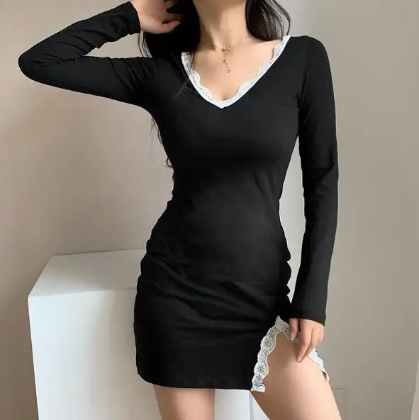 

Cultiseed Women Sexy Lace V neck Strapless Party Dress Female New Fashion Split Slim Hip Mini Dress Ladies Long Sleeve Dresses