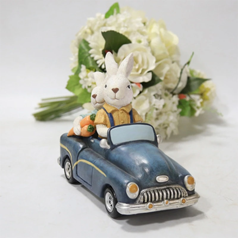 

Easter Decoration Car Bunny Rabbit Statue Ornaments Vintage Figurine Resin Craft