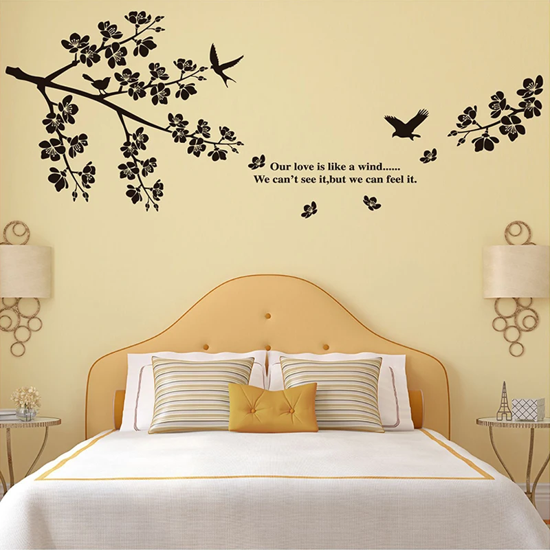 Романтические черные ветви сливы наклейки на стену виниловые DIY Летающие птицы