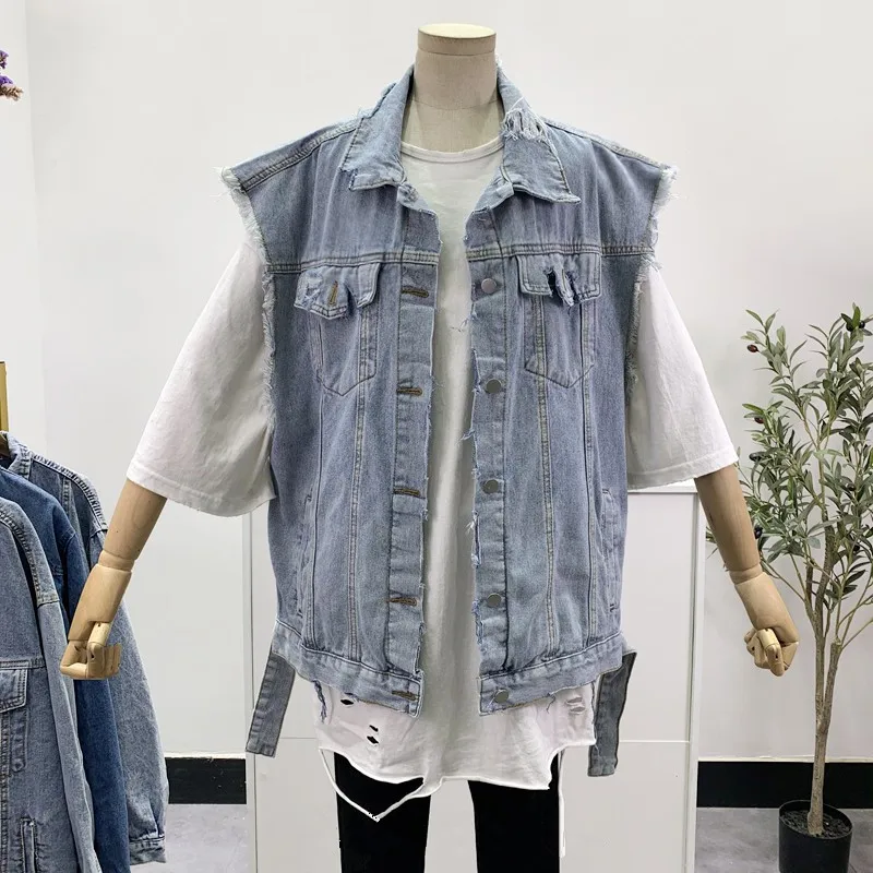 

Spring Summer 2021 Casual Hole Denim Vest Women Loose Vintage Frayed Burr Light blue Sleeveless Outwear street Jeans Veste Femme