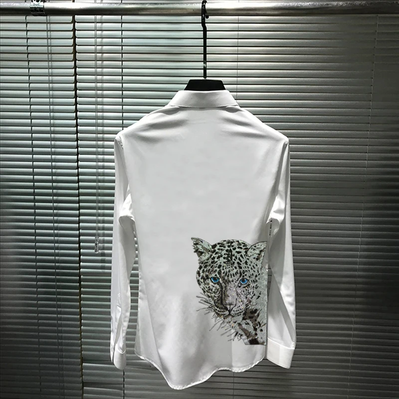 New Fashion Men's T-Shirt Lapel Spring And Summer Long-Sleeved Personality Rhinestone Business Office Formal