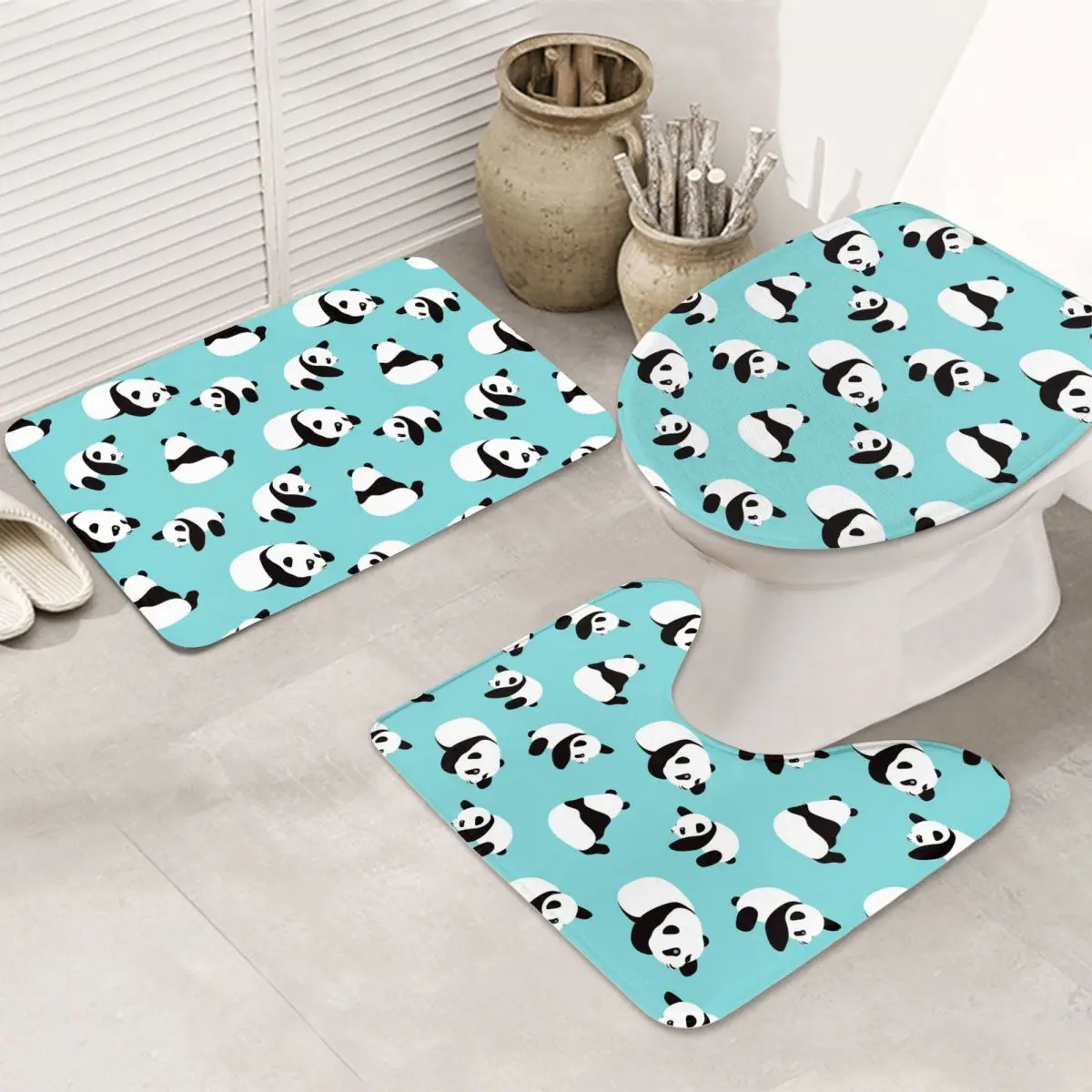 

Cute Panda 3Pcs Bathroom Mat Set Floor Rugs Embossing Flannel Cushion Toilet Seat Cover Bath for Home Decoration