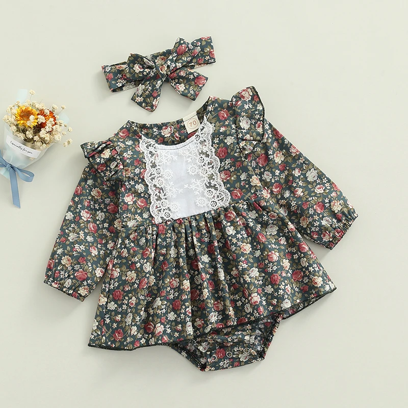 

Vintage Baby Girls Autumn Rompers Princess Girls Lace Flower Ruffles Long Sleeve Jumpsuits Skirts with Headband Casual Outfits