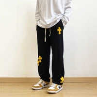 mens cross applique jeans korean fashion streetwear hip hop towel embroidered casual loose straight sports drawstring pants