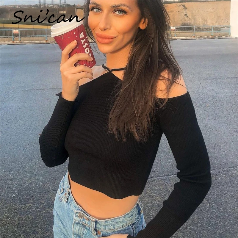 

Snican Black Halter Off Shoulder Sexy Sweater Za 2021 Women Fashion Long Sleeve knitted Pullover Ladies Crop Tops Jumper Mujer