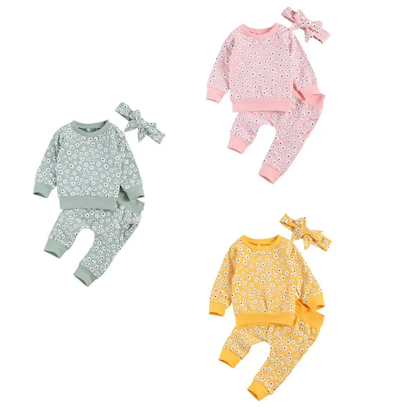 

3Pcs Baby's Flower Printed Suit, Long Sleeve O-Neck Pullover Sweater Top with Long Pants and Printed Bow Hairband 0-24M