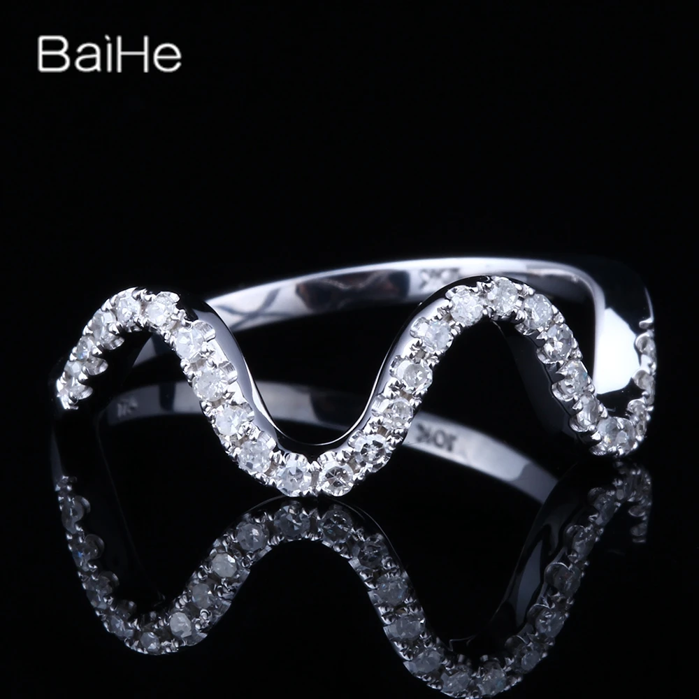 

BAIHE Real Solid 14K White Gold Natural Diamonds Ring Women Men Wedding Band Trendy Fine Jewelry Making Wave Ring Bague Diamants