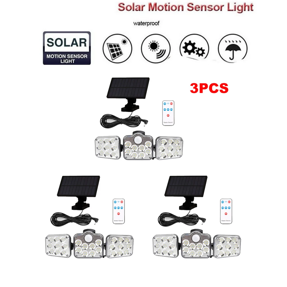 

138 led remote seperable Solar Light Outdoor PIR Motion Sensor Solar Lamp Waterproof 3 Heads Adjustable Security Spotlight Garde