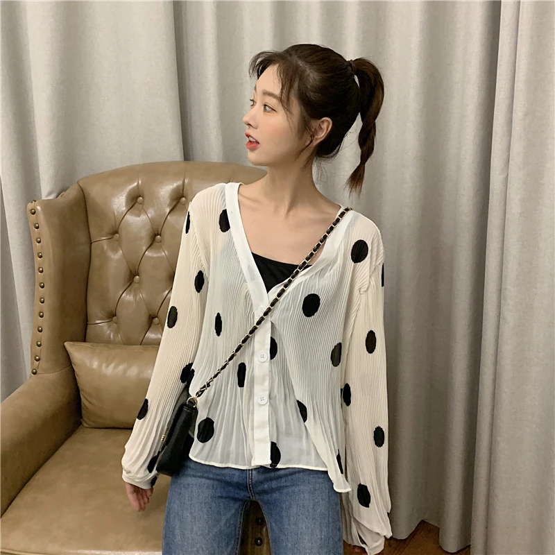 

Autumn Style Tops Women's Clothing Polka Dot Chiffon Blouses V-neck Blusas Mujer De Moda Korean Chic Thin Long Sleeve Shirts New