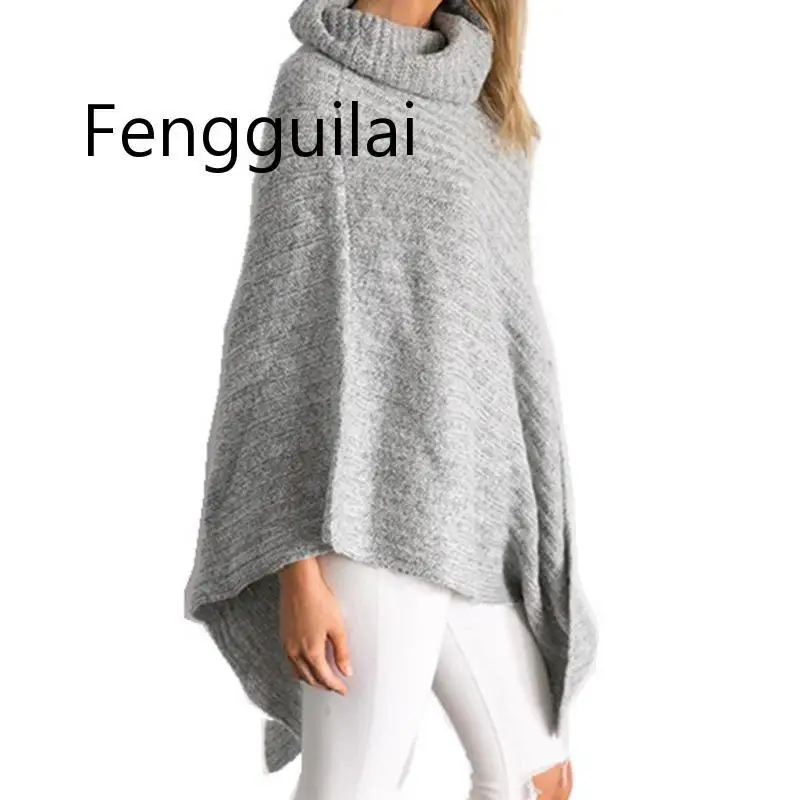 

FENGGUILAI Autumn New Knitted Sweater Women Large Size Irregular Sets High Collar Batwing Coat Shawl Sweater Top Khaki Gray