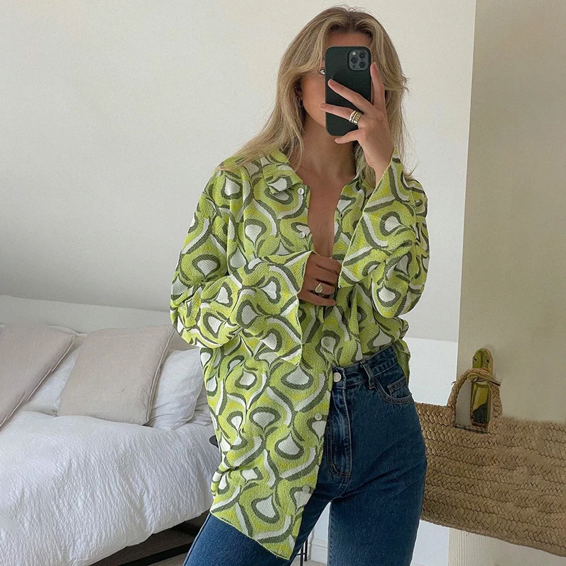

Retro Paisley Print Long Sleeve Shirt Chic Women Button Up Turn-Down Collar Blouses Crop Top Female Y2K Spring Autumn Streetwear