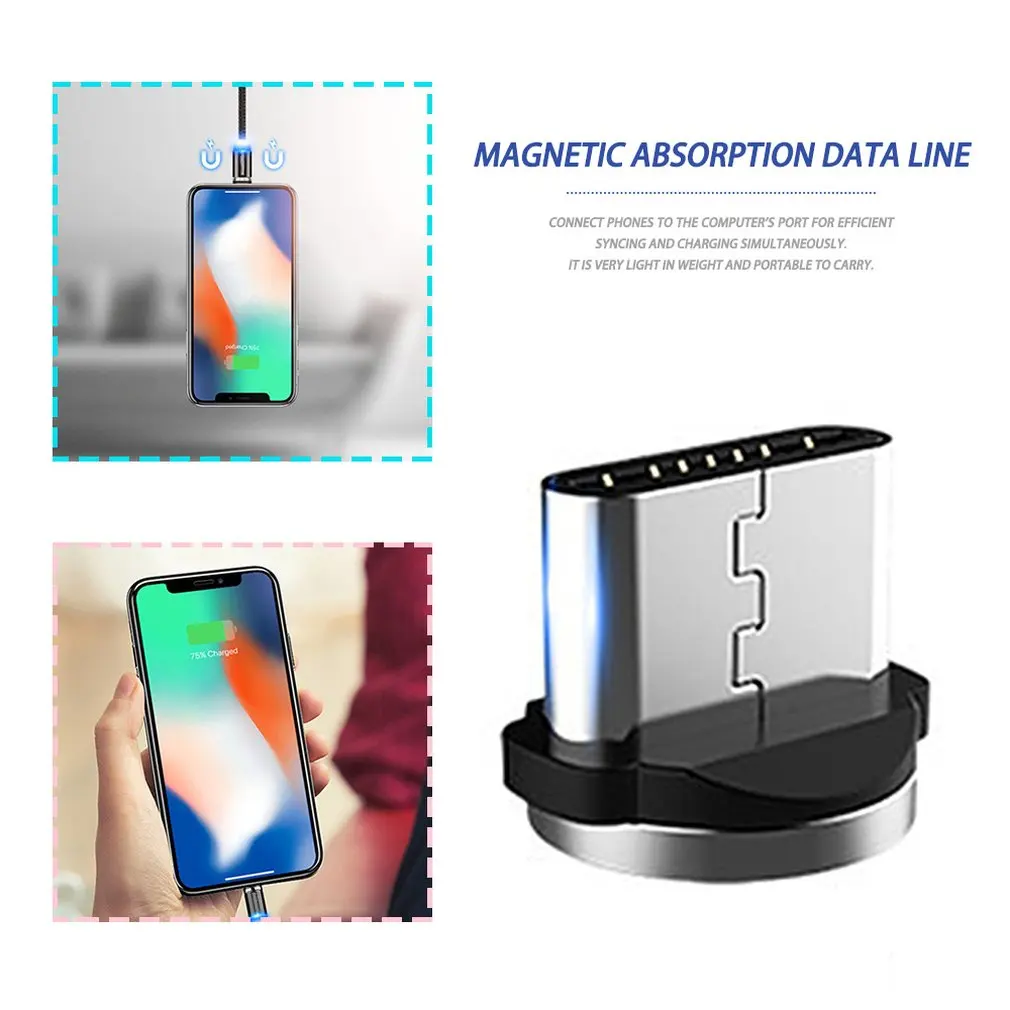 

1PC LED Indicator Magnetic USB Charging Cable Type-C Head IOS Head