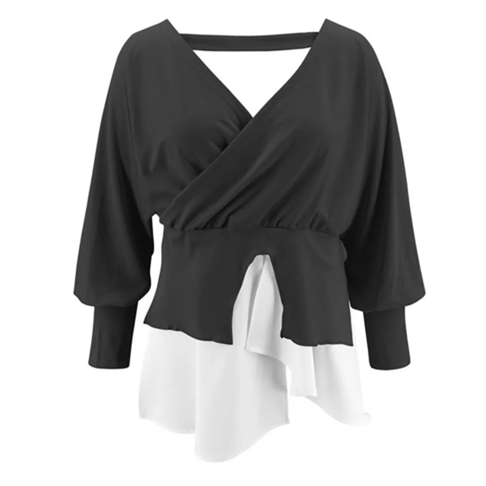 

2021 Spring Autumn Top Solid Color V-Neck Lantern Sleeve Hole Strip Stitching Irregular Fashion Sexy Backless Patchwork Blouse