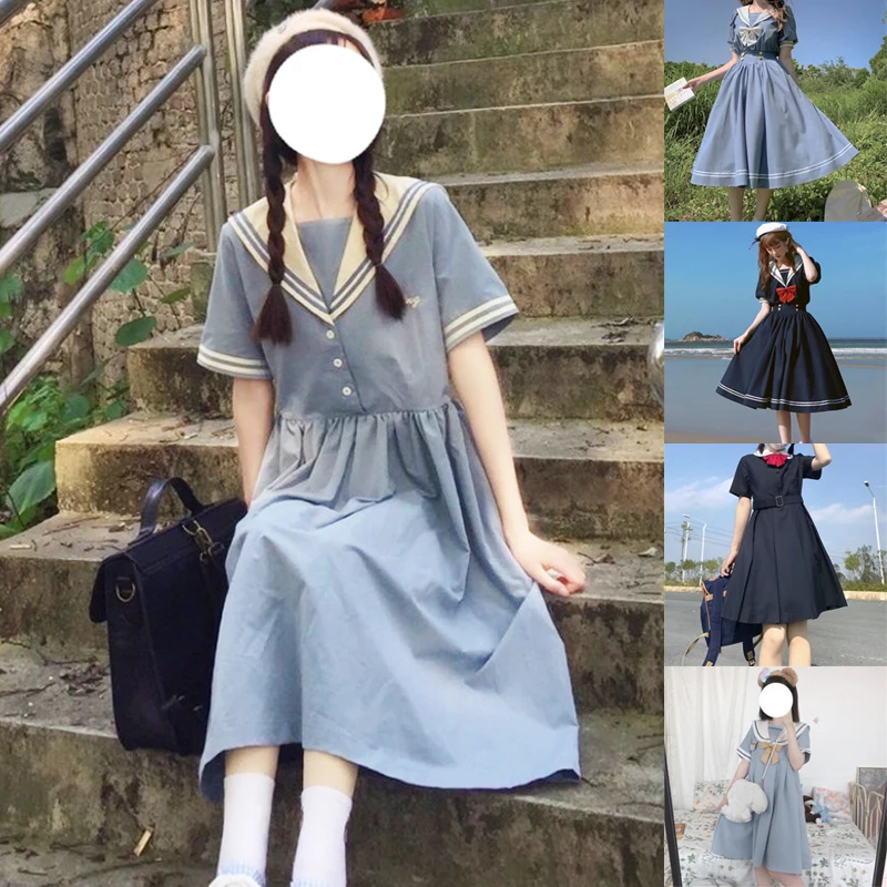 Harajuku Sailor Collar Women Navy Dress Japanese Lolita Cute Bow-knot Girl Ruffle Retro Kawaii Preppy Style Short Sleeve Dress