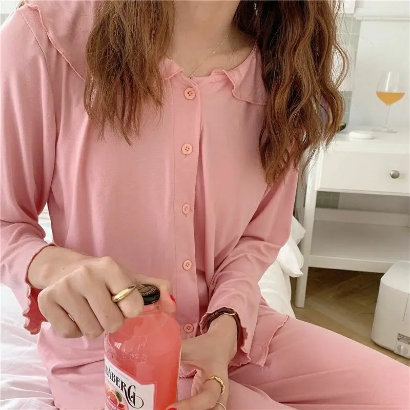 

Pajama Sets Women Autumn Spring Loose Solid Student Simple Soft Comfortable Pajamas Long Sleeve and Pants Lovely Girls Home Wear