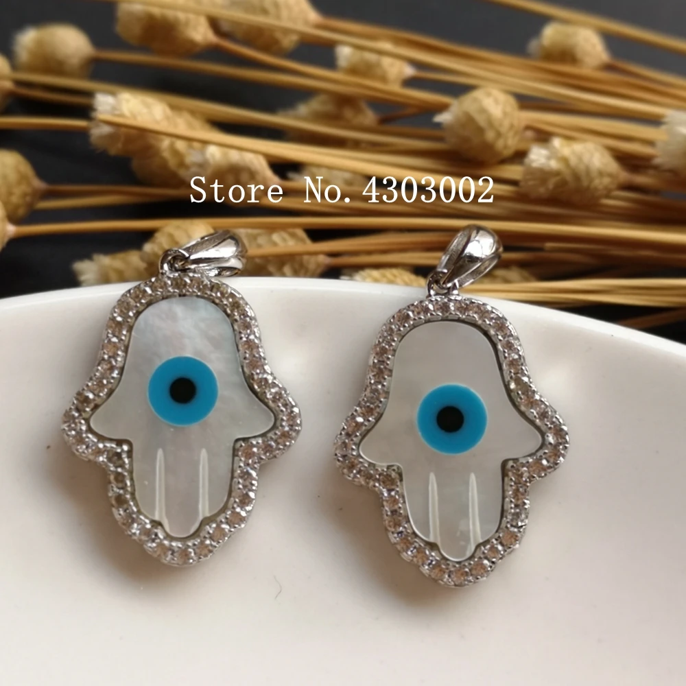 

5pcs/lot 925 Sterling Silver Natural Hamsa Blue Evil Eye Mother of Pearl shell Pendant with AAA CZ Hand MOP Pearl shell