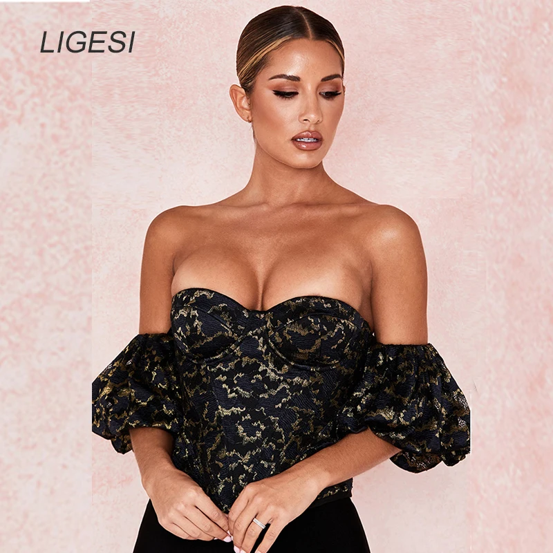 

Женские топы и блузки с открытыми плечами, черная Облегающая рубашка с оборками и коротко Обрезанные Топы рукавами-фонариками, уличная одеж...