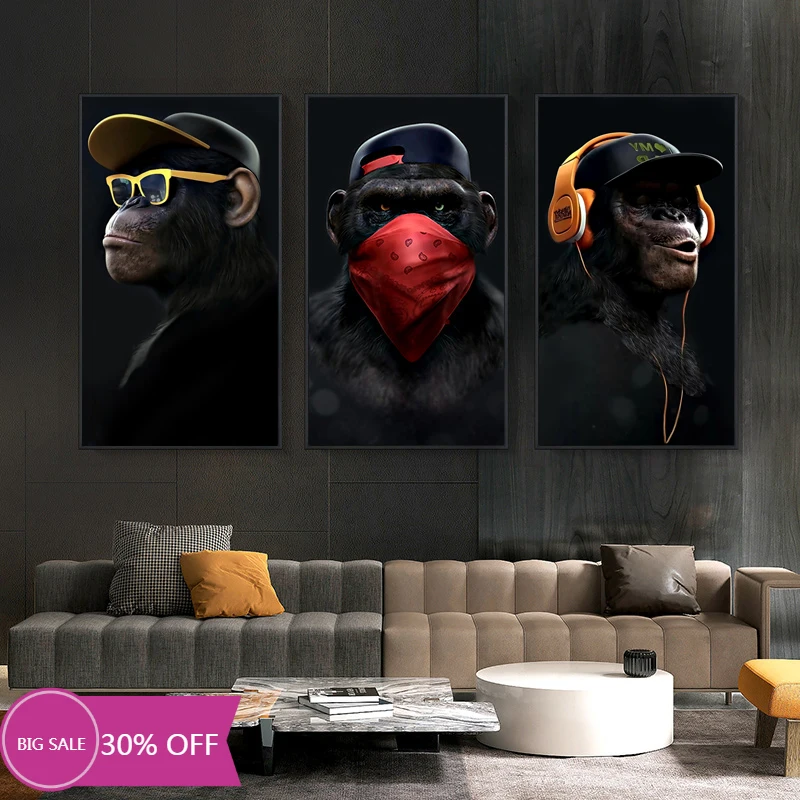 Современные абстрактные очки с наушниками музыка обезьяна большой Плакаты и