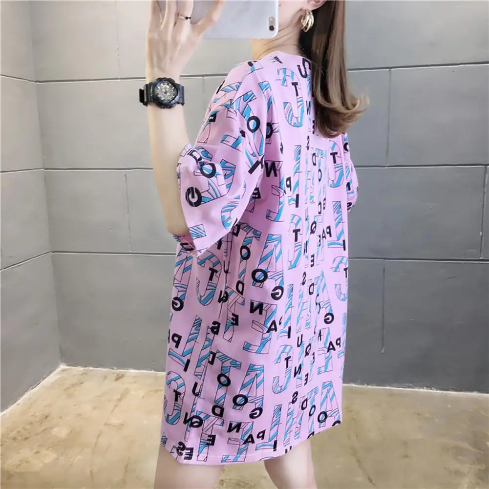 

Женская Повседневная футболка с коротким рукавом и круглым вырезом, свободная длинная футболка с буквенным принтом, топ, женские футболки, ...