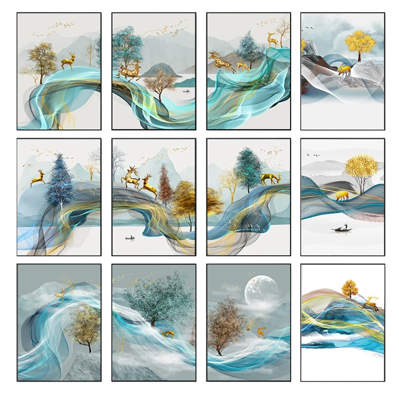 

Abstract Blue Waves Yellow Line Plant Gold Tree Mountain Animal Deer Canvas Painting Wall Picture Poster Living Room Home Decor