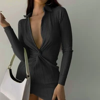 women autumn dresses bodycon skinny club party long sleeve mini dress polo collar shirt dress tangle up ruched sexy v neck dress