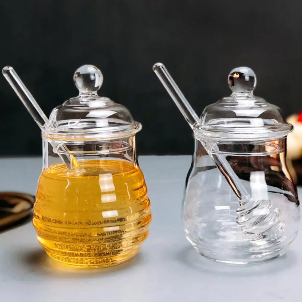 

1 Set Glass Honey Jar Food Storage Container Kitchen Honey Canister with Dipper