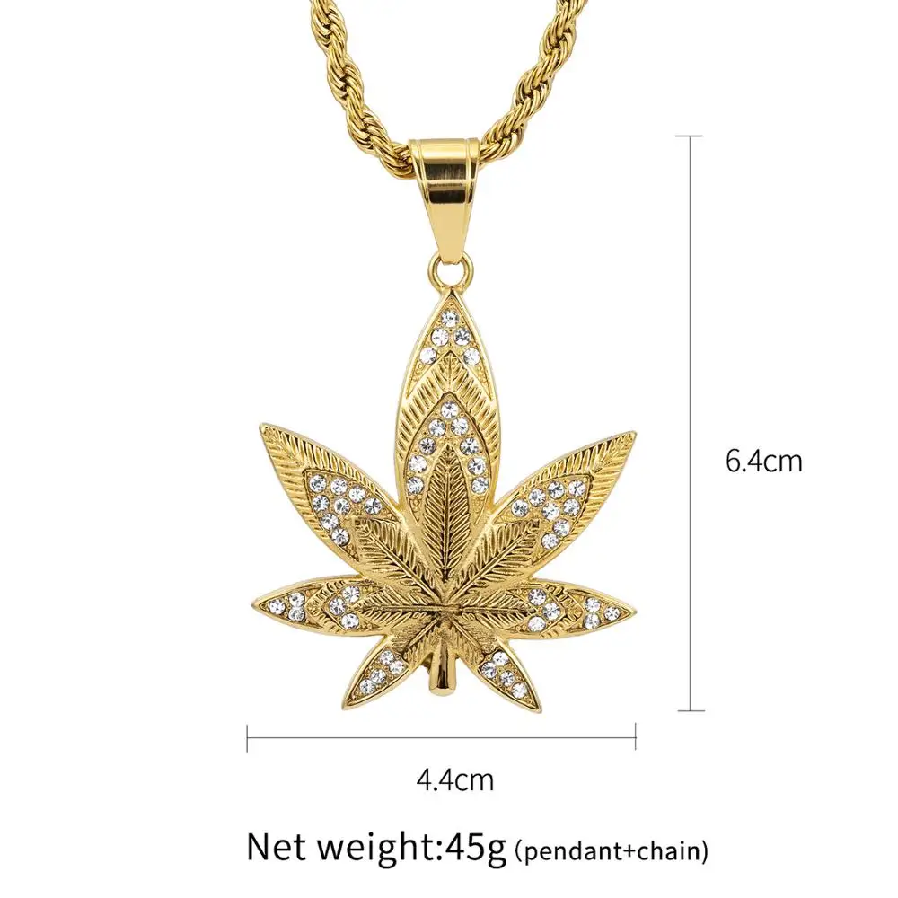 

High-Quality Cold Color 316L Stainless Steel Hemp Leaf Pendants Long Link Chain Leaves Hip Hop Necklace for Women Men Rapper