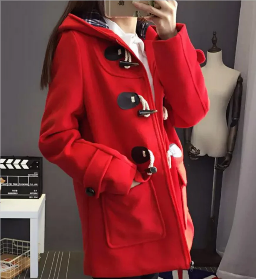 Длинное пальто с отложным воротником и пуговица из рога капюшон шерстяное