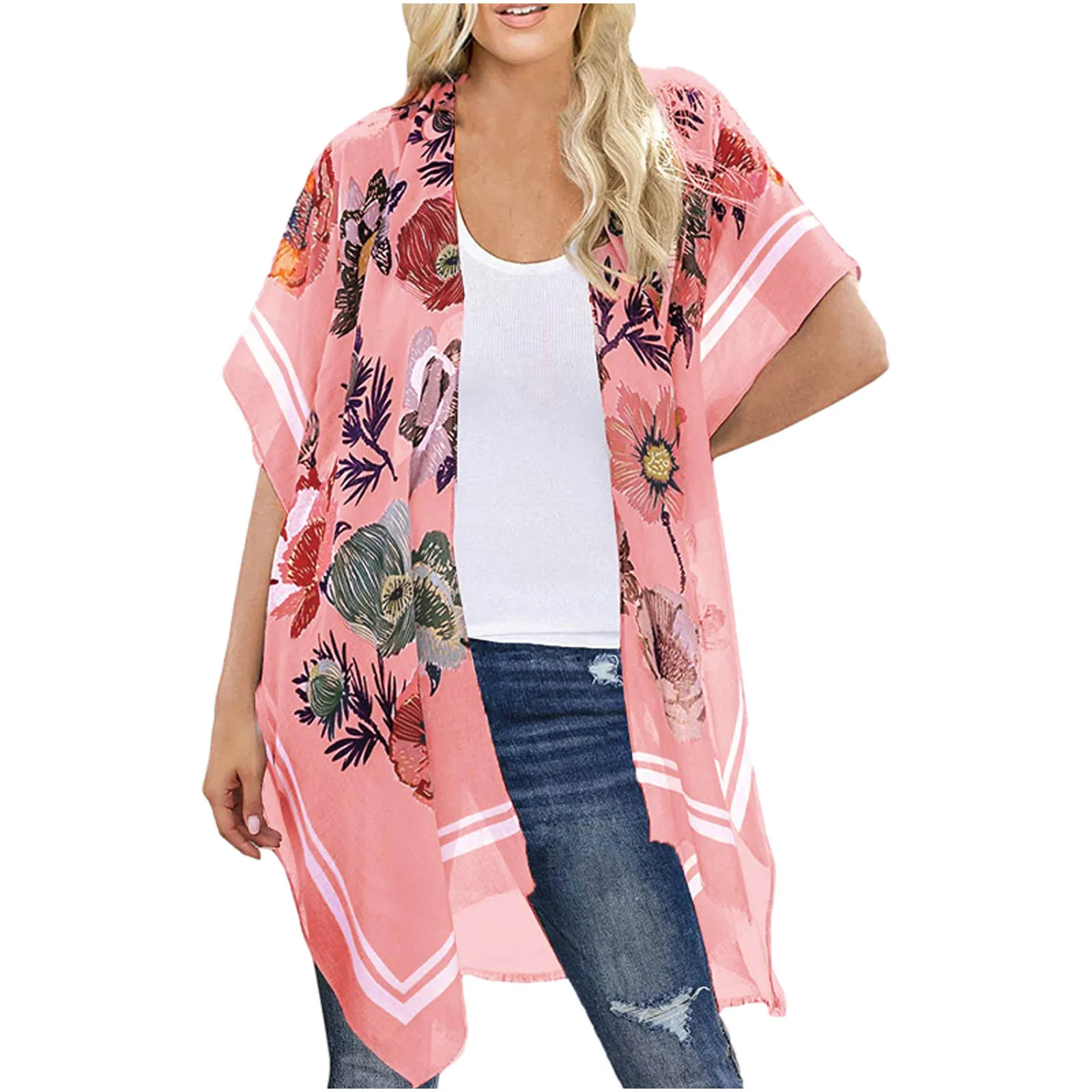 

2021 Womens Floral Printed Chiffon Blouse Flowy Cardigan Casual Loose Plus Size Half Sleeve Sun Protection Tops Ropa De Mujer