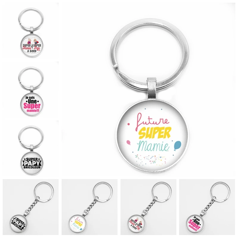 

Hot! New Hot Super Mamie Round Pattern Glass Keyring Cabochon Gem Super Papy Dome Charm Cameo Car Keychain Pendant