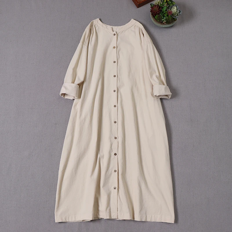 

Literary Mori Girl Solid Color Cotton Corduroy Dress Early Autumn New Loose Long Sleeve Stand Collar Dress Women