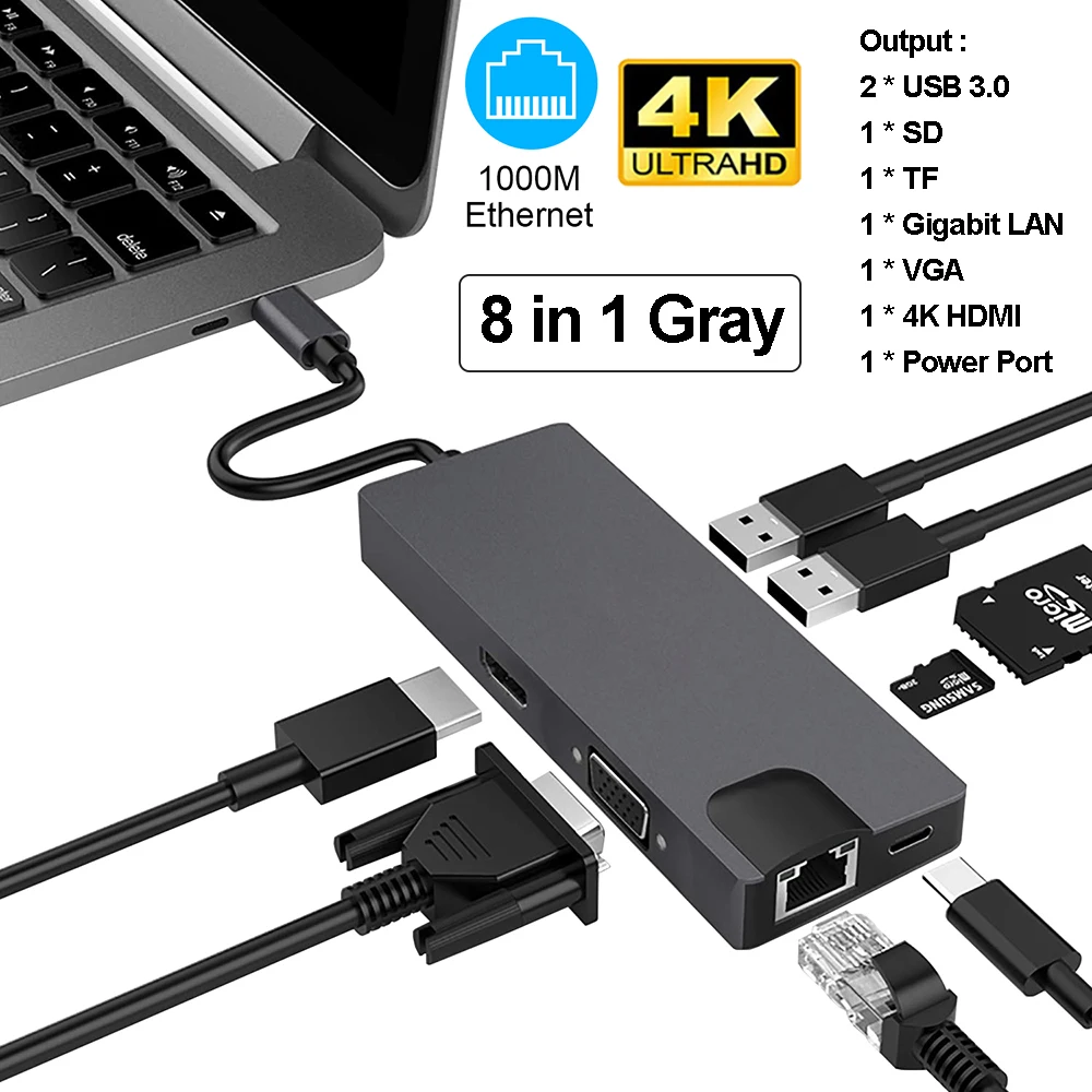 

1000Mbps RJ45 USB 3.1 Type-C Hub to HDMI 4K Thunderbolt Adapter USB Hub 3.0 VGA TF SD Slot PD For MacBook Pro Air 13 2020