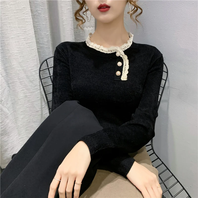 Room 197513 at 6 row 1 】 make velvet collar stripe splicing lace sweater 60