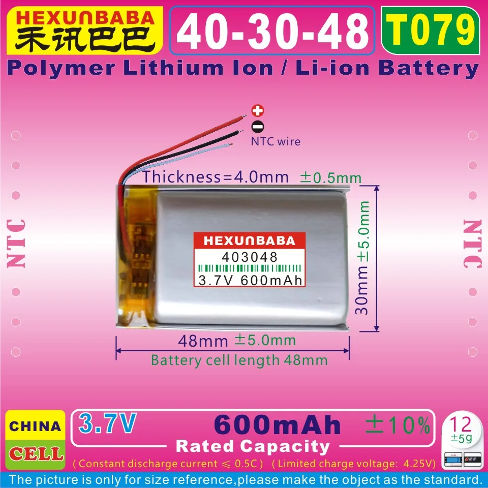 2pcs [T079] 3.7V 600mAh [403048] NTC Polymer Lithium Ion / Li-Ion Battery for TWS GPS Mp3 Cell Phone Speaker DVR RECORDER Mp4 - купить по