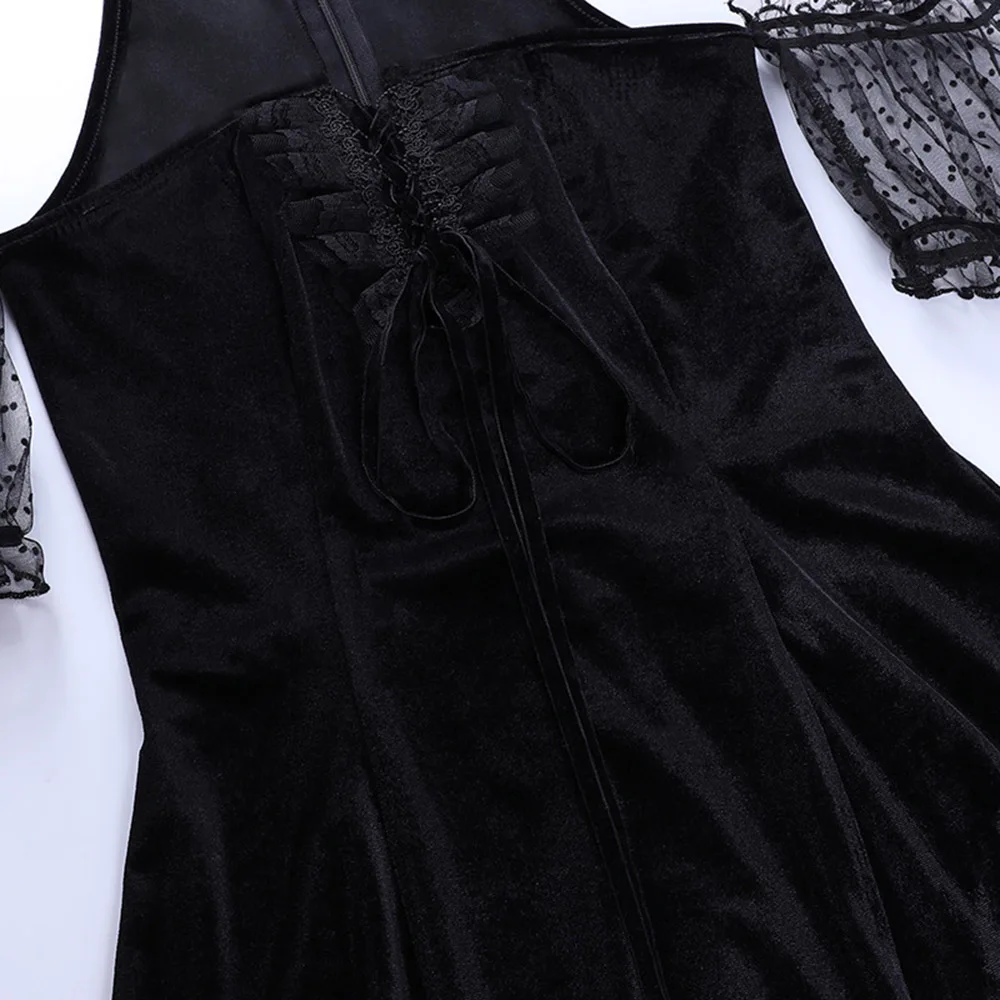 

DressGoth Summer Lace Dresses Moon Choker Women Sexy Mesh Lace-up Black Dress Lady Party 2021 New Fashion Harajuku Streetwear Ch