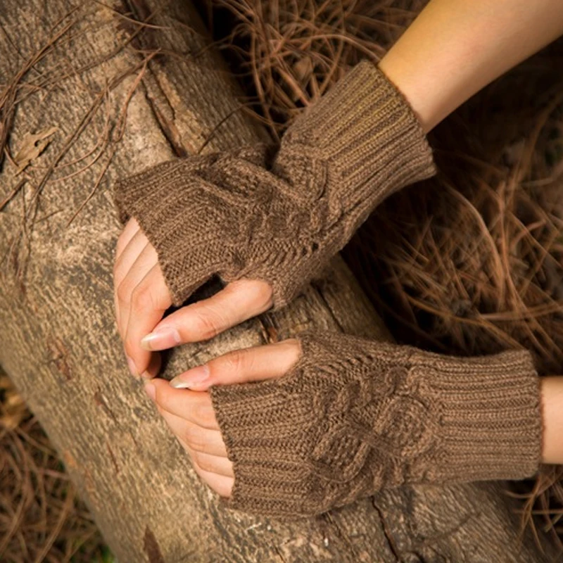 Женские зимние вязаные перчатки без пальцев теплые шерстяные жаккардовые