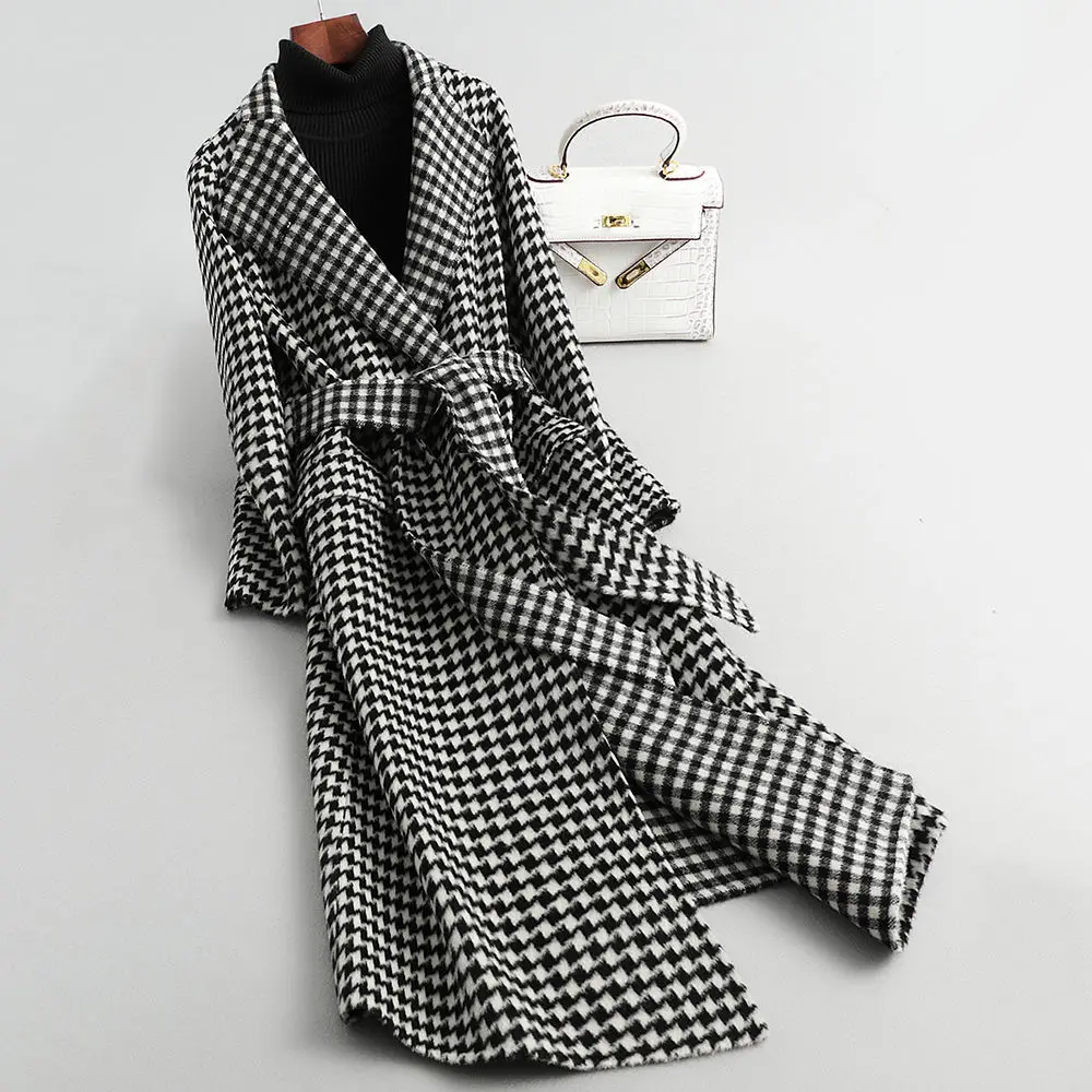 

Women Long Plaid Woolen Coat 2020 New Arrivals Houndstooth Waistband Coats