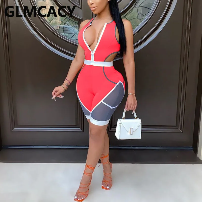 

Women Color Block Patchwork Romper Playsuits