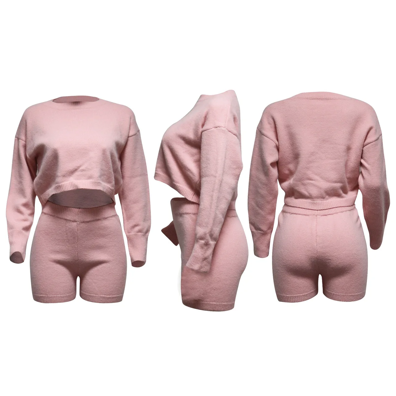 

Solid Color O-Neck Long Sleeves Warm Sweater Crop Tops & Knitted Pants New Arrival Autumn Women Suit Hot Style 2 Piece Set