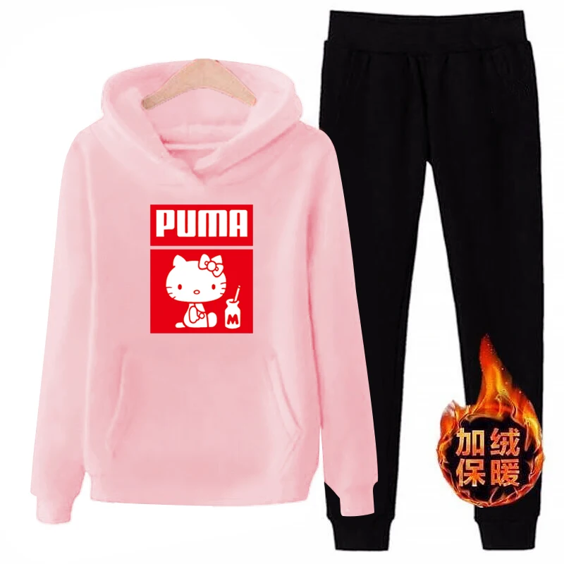 T04 3xl плюс размер милый hello-kittty толстовки брюки комплект одежды повседневный комплект из 2 предметов теплая одежда однотонный спортивный костюм женский комплект Топ Брюки дамский костюм