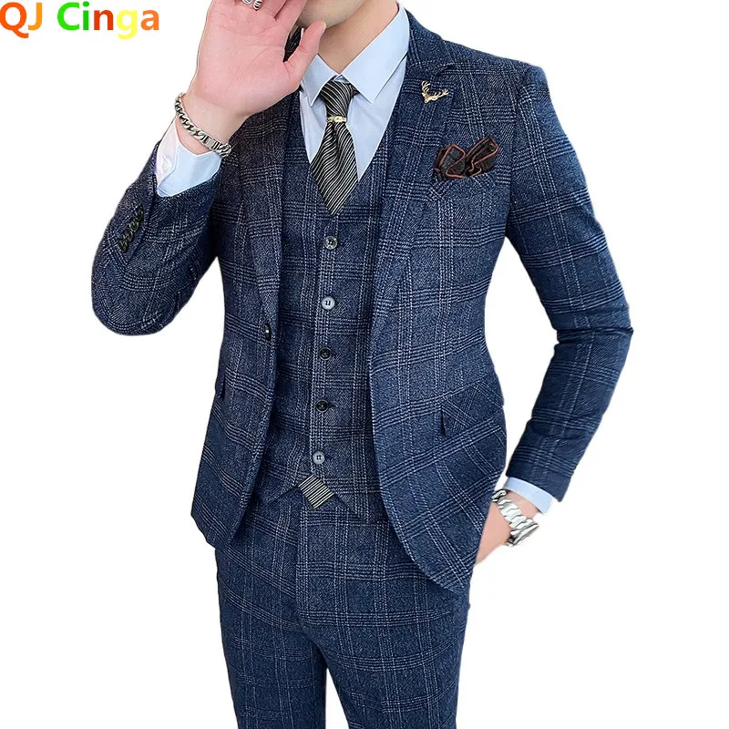 

(Jacket + Vest + Pants) Boutique Fashion Mens Plaid Casual Business Suit High end Social Formal Suit 3 Pcs Set Groom Wedding 5XL