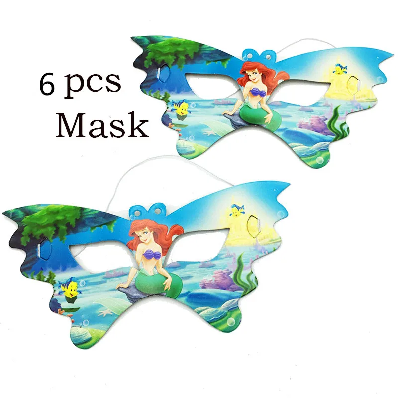 6pcs mask Дисней Русалка Ариэль вечерние украшения для девочек на день рождения латексные шары посуда бумажная шляпа салфетки тарелка скатерть с днем рождения подарок - Цвет: 6pcs mask