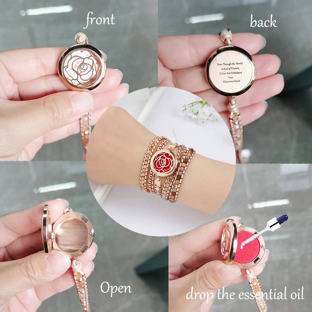 

Plumiss Rose Aromatherapy Wrap Bracelet Mixed Stone Crystal Rose Gold Stainless Steel Chain Diffuser Locket Bracelets Jewelry