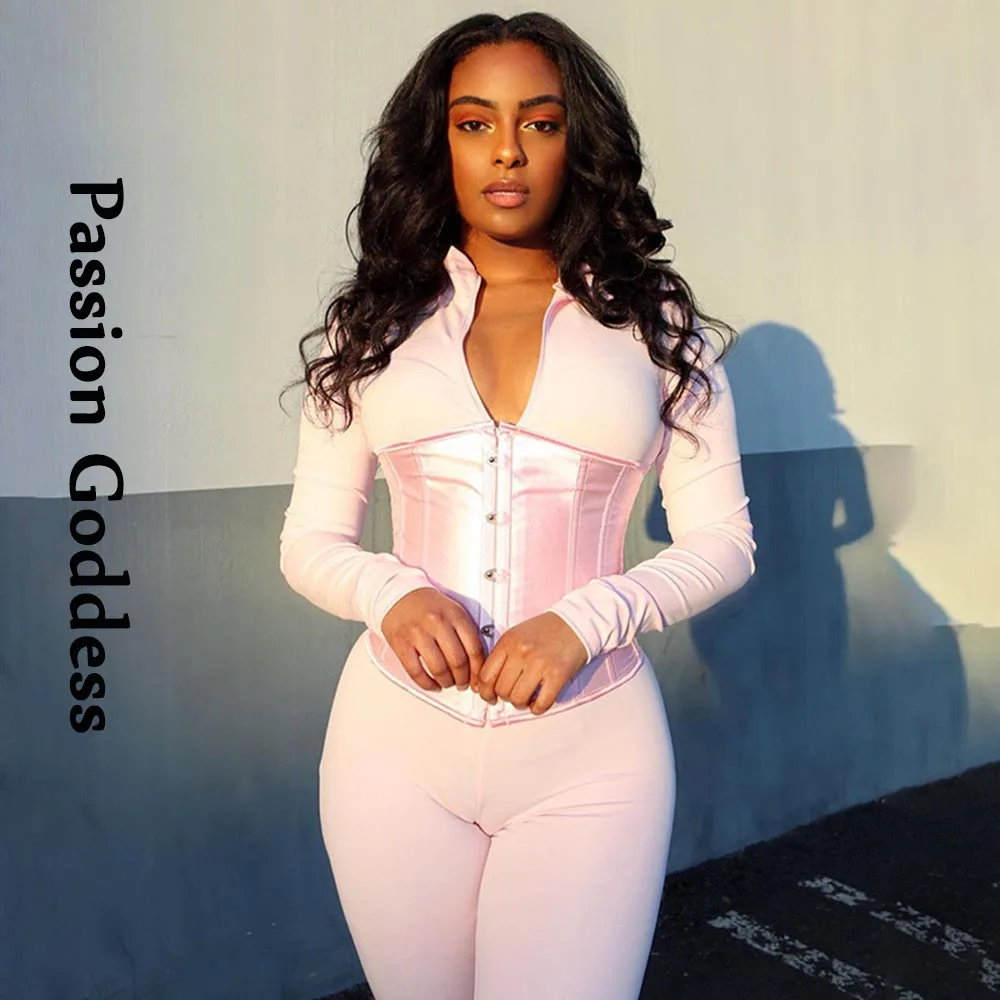 Комбинезон женский эластичный на молнии с длинным рукавом и корсетом | Женская