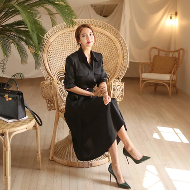 Женское однобортное платье средней длины с отложным воротником Осень-зима