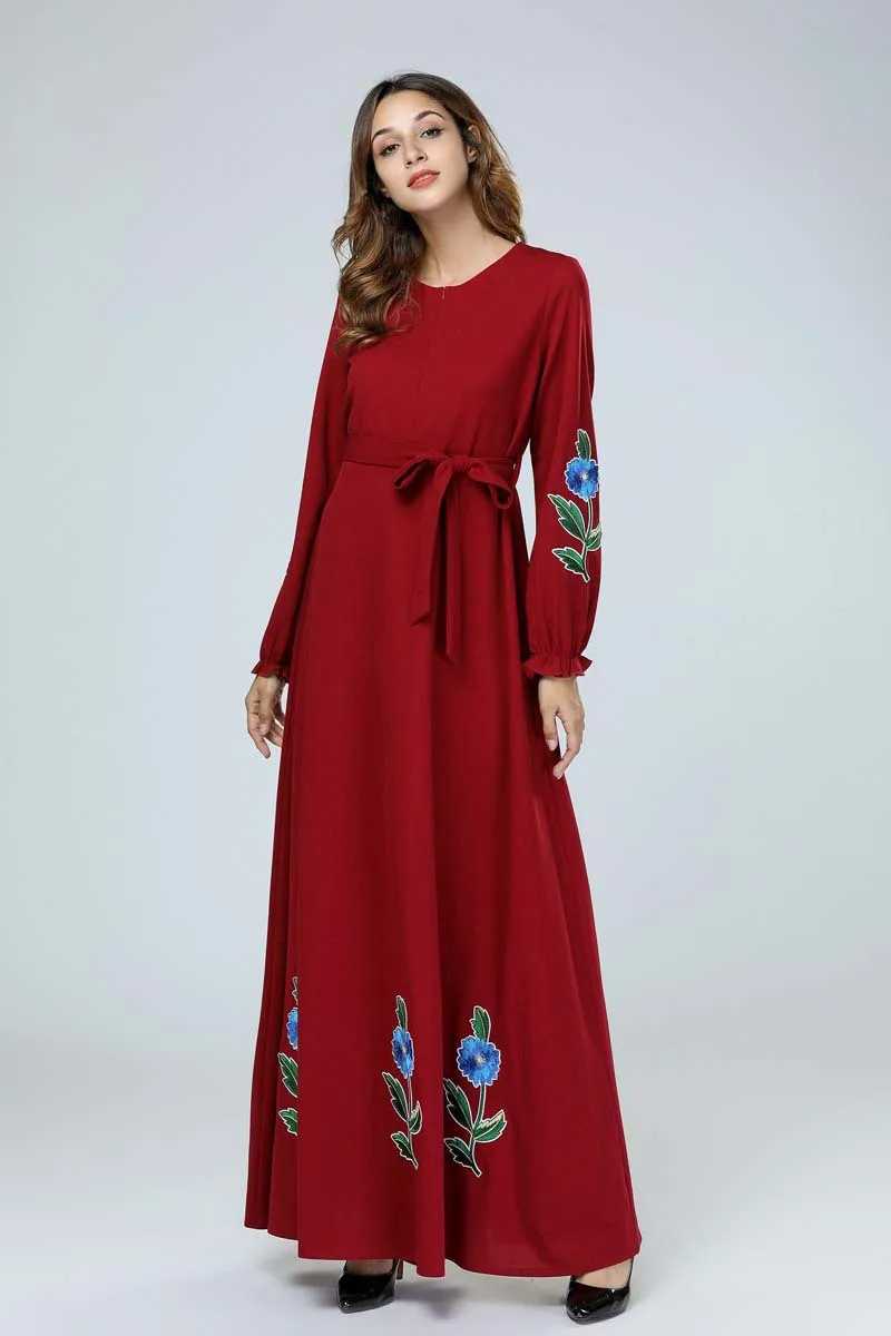 Длинная мусульманская юбка Abaya Турецкая Свободная с вышивкой и длинными рукавами